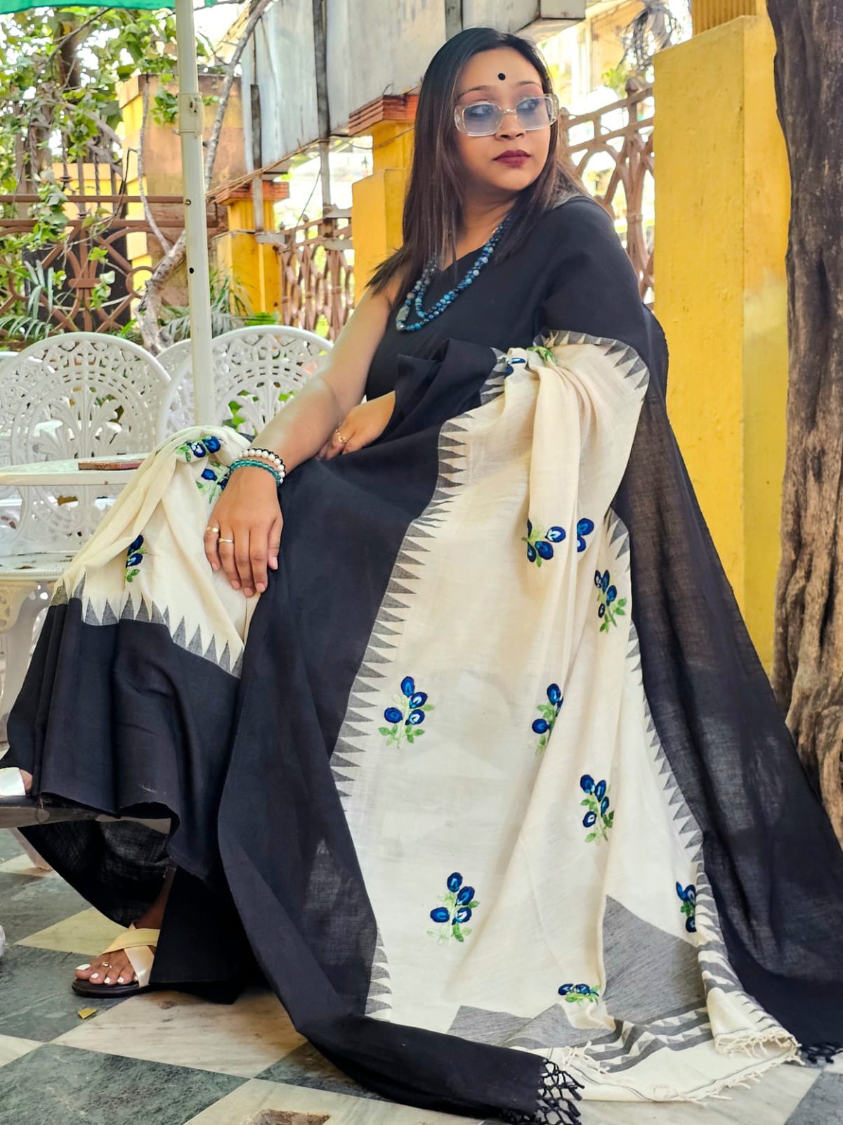 Aparajita <span>(Khadi Jamdani Wide Black Borders, Butterfly Pea Flower Embroidered)</span>