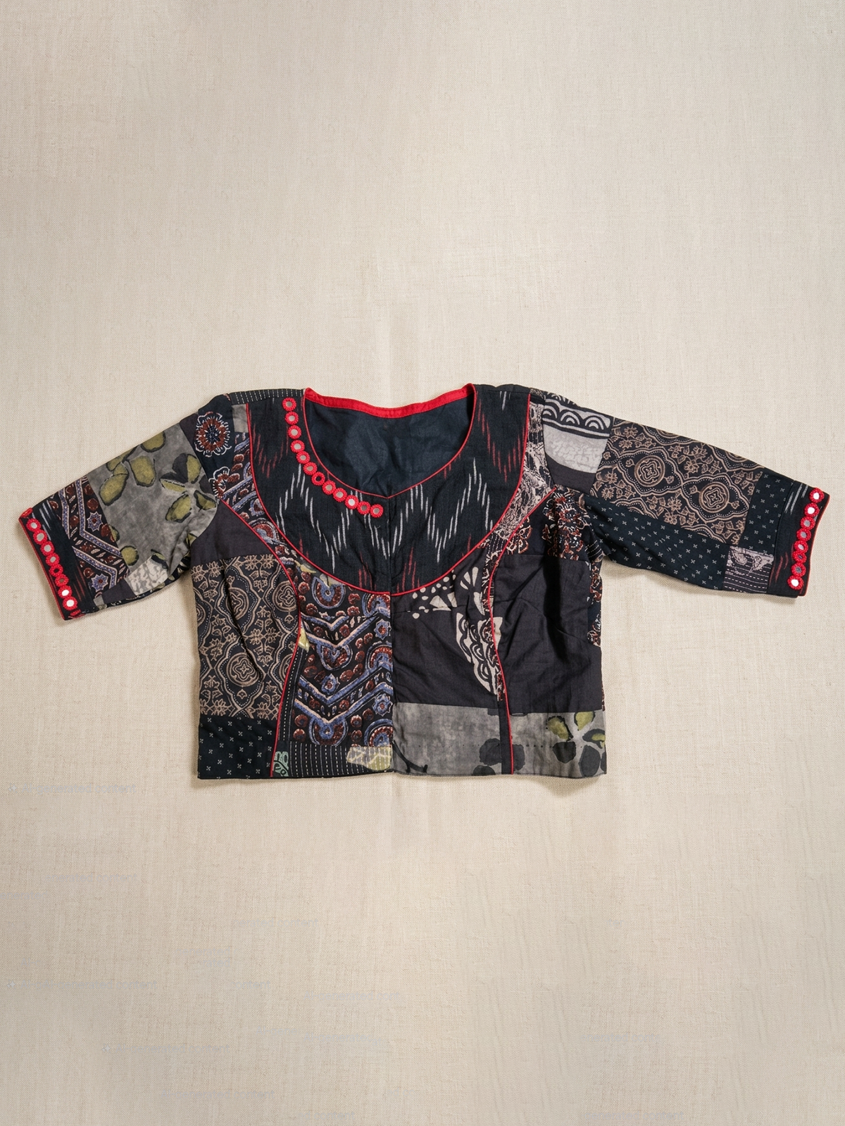 Black Ikkat Patchwork Blouse <span>(Cotton Patchwork With Ikkat And Mirror Embrodered Blouse)</span>