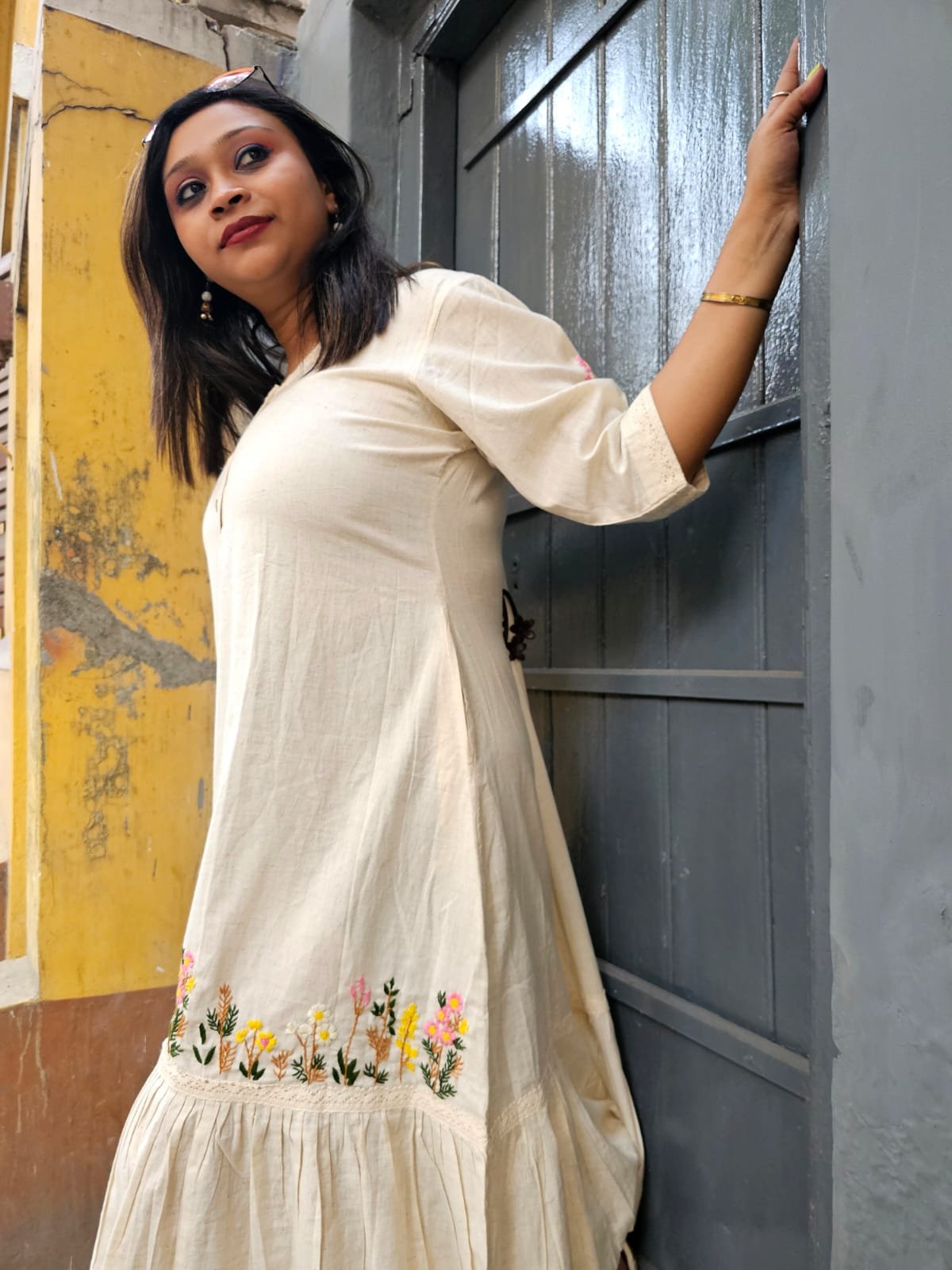 Pearl Meadow <span>(Khadi Cotton Embroidered Dress With Sleeves)</span>